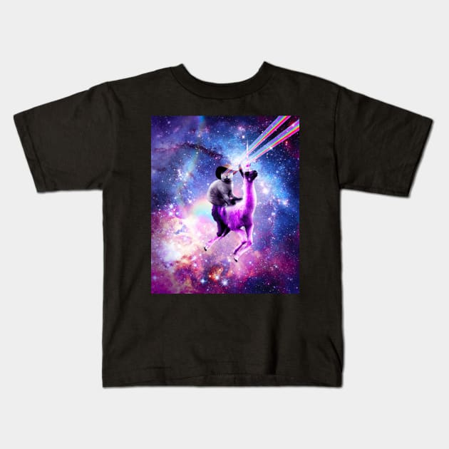 Laser Eyes Outer Space Cat Riding On Llama Unicorn Kids T-Shirt by Random Galaxy